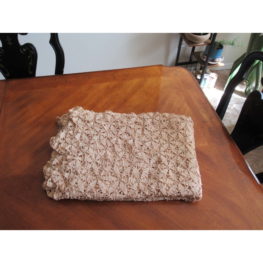 Vintage Handmade Beige CROCHET LACE TABLECLOTH Coverlet Bed Topper 59"x79" - Picture 10 of 14